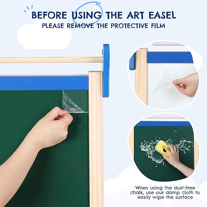 Kids Easel 3-1,Magnetic Chalkboard & Whiteboard, Paper Painting, Big Storage with Canvas Bag, Painting Sets with Finger Paints,Chalks,Brushes,Number Letters Magnets, Apron, Gift for Kids, Blue