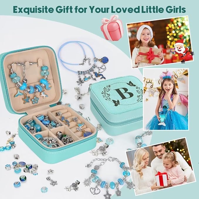 Charm Bracelet Making Kit, Kid Jewelry Making Kit for Girls 8-12, Unicorn Craft Kits for Teen Girls Toys Ages 3-10 Years Old Girl Gifts Trendy Stuff Birthday Christmas Gift with Initial Jewelry Box- B