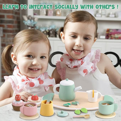 GAGAKU Wooden Tea Set for Kids, Wood Tea Party Set for Little Girls Wooden Coffee Afternoon Tea Toys Play Food forToddler Pretend Play Kitchen Accessories for Kids