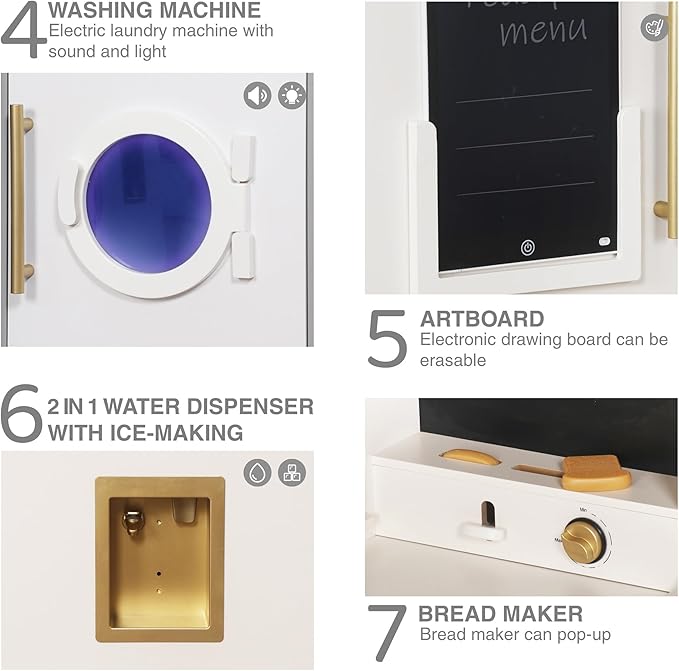 Large Wooden Corner Play Kitchen Sets with Ice Maker,Water Dispenser,Bread Maker,Washing Machine,Electronic Display,Toy Sink with Running Water,Stove with Light&Sounds, Birthday Gift for 3+Boys Girl