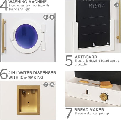 Large Wooden Corner Play Kitchen Sets with Ice Maker,Water Dispenser,Bread Maker,Washing Machine,Electronic Display,Toy Sink with Running Water,Stove with Light&Sounds, Birthday Gift for 3+Boys Girl