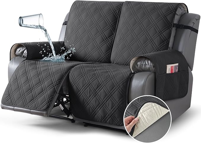 TAOCOCO 100% Waterproof Oversized Loveseat Recliner Cover, Non Slip Split Loveseat Covers for Reclining Loveseat with Elastic Straps for Kids Pets(Oversized 2 Seater, Charcoal Gray)