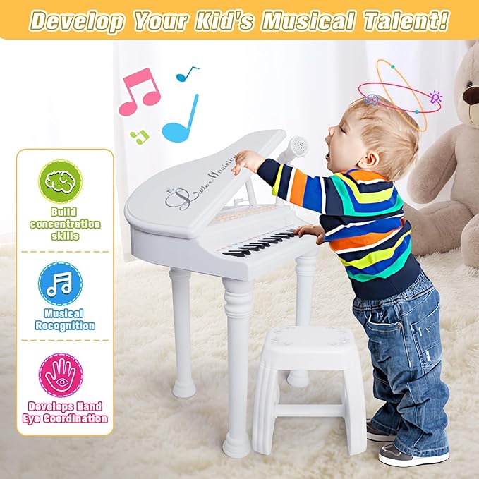 Love&Mini Piano Toy Keyboard 31 Keys for Age 3+ Year Old Girls Boys Birthday Gifts, Kids Keyboard Toy Instruments Piano with Microphone and Stool