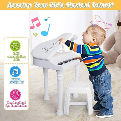 Love&Mini Piano Toy Keyboard 31 Keys for Age 3+ Year Old Girls Boys Birthday Gifts, Kids Keyboard Toy Instruments Piano with Microphone and Stool