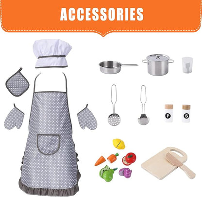 Play Kitchen for Kids, Wooden Play Kitchen with Toy Storage System, Toy Kitchen Set with Plenty of Play Features, Gift for Ages 3+,Grey