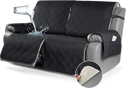 TAOCOCO 100% Waterproof Oversized Loveseat Recliner Cover, Non Slip Split Loveseat Covers for Reclining Loveseat with Elastic Straps for Kids Pets(Oversized 2 Seater, Black)