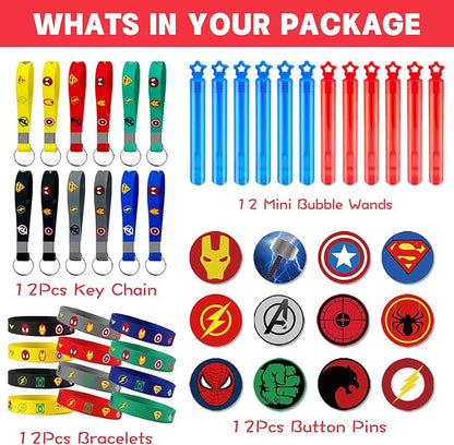 Superhero Party Favors Supplies 12 Bubble Wands 12 Keychain 12 Bracelets 12 Button Pins 50 Stickers Toys for Kids Boys Themed Party Favors Birthday Decorations