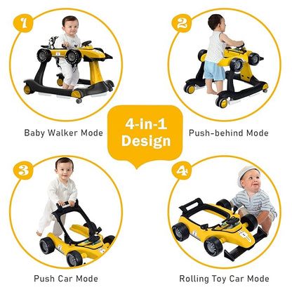 GLACER Foldable Baby Walker, 4-in-1 Infant Walker with Adjustable Height & Speed, Music, Light, Steering Wheel & Washable Cushion, Baby Walker Activity Center for Boys Girls 6 –18 Months (Yellow)