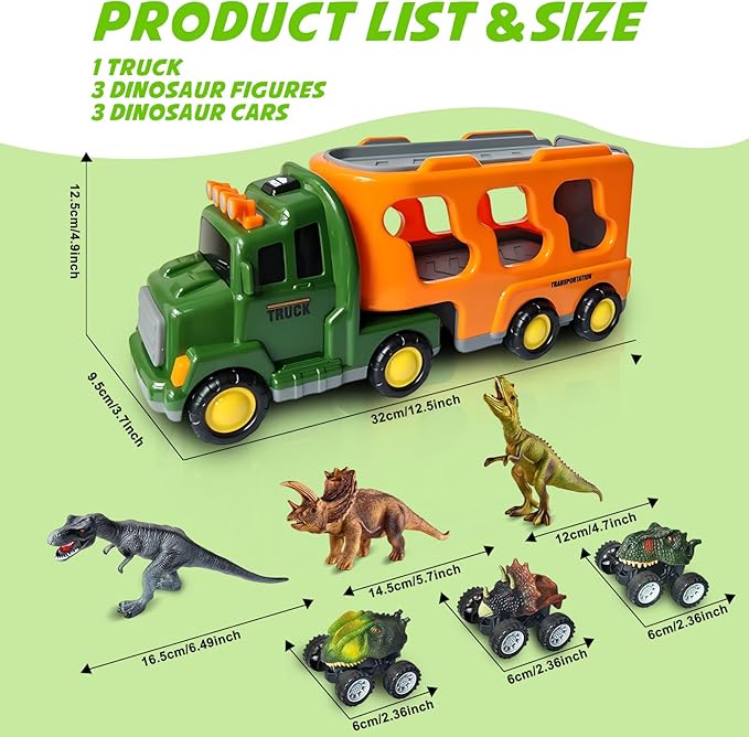 Dinosaur Toy Trucks with 3 Dino Cars & 3 Dino Figures, Sound Light Transport Carrier Truck Dinosaur Toys for Kids 3-5-7, Toddler Boy Toy for 3 4 5 6 7+ Year Old Boy Birthday Gifts Christmas