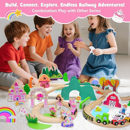 SIMPLIPLAY Wooden Train Set - 43PCS Unicorn Magnetic Toy Train Sets with Wooden Train Tracks & Bridge for Girls Toddlers, Enhance Fine Motor Skills, Ideal for Birthday
