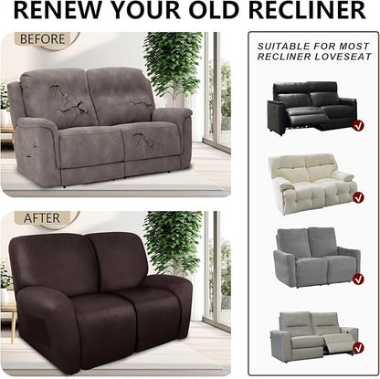 Loveseat Recliner Cover Leather Look Recliner Loveseat Covers Recliner Sofa Cover for 2 Seater Reclining Couch Spandex Fabric Washable 6 Pieces (2 Seater, 01 Chocolate)