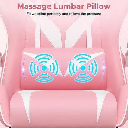 HOFFREE Pink Gaming Chair with Massage for Girls Cute Computer Gamer Chair with Footrest and Lumbar Support Reclining PC Game Chair with Headrest for Gaming Room