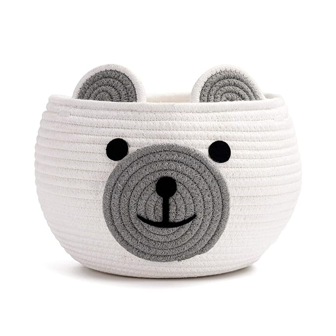 CherryNow Cotton Rope Baby Basket for Nursery, Bear Gift Baskets for Kids, Empty Baby Shower Basket with Handles, Small Cute Animal Baskets, White, 10.5"D x 8.5"H