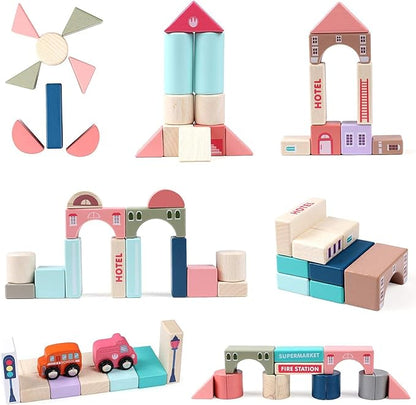 Wooden Building Blocks Set Wood Kids Construction Stacker Stacking Preschool Learning Educational Preschool Toys Kit for Toddler 3+ Year Old Boy and Girl Gifts