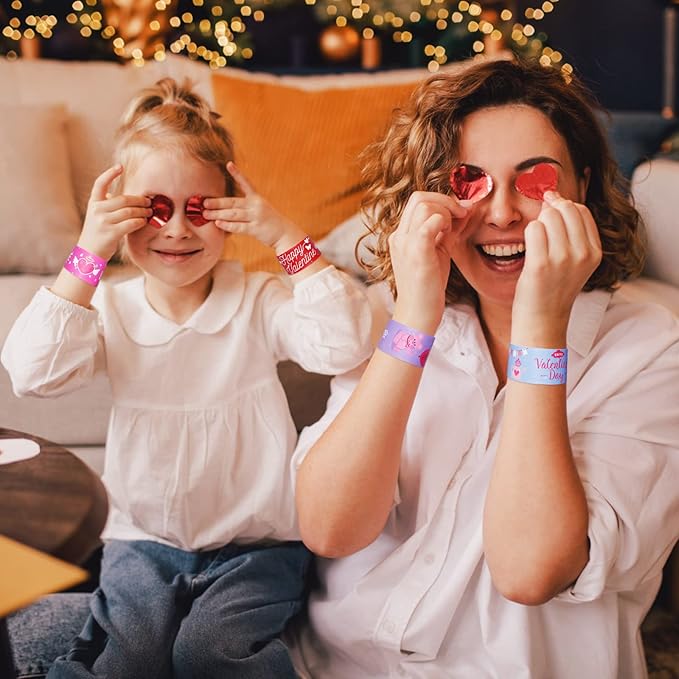 48 Pcs Valentines Day Slap Bracelets with Colorful Hearts for Birthday Gifts for Kids Party Supplies Favors Classroom Exchange Birthday Giveaways Game Prizes Kids Party Favors