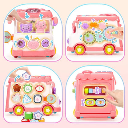 AmiDear Baby Gift for 1-2 Year Old Girl, 10-in-1 Montessori Toys Bus for Baby 6-12-18 Months+, Educational Musical Sensory Learning Toddler Toys Age 1-2, First Christmas and Birthday Gifts Pink