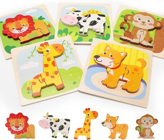 Wooden Toddler Puzzles for 1,2,3 Years, 5-Pack Animal Shape Puzzles for Kids 2-4, Montessori Educational Learning Toy Birthday Gifts for Boys and Girls