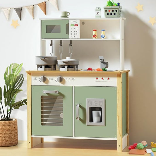 Babytronic Kids Play Kitchen, Wooden Kitchen Playset for Kids Ages 3+ with Real Lights, Sounds, Stove, Sink, Oven, and 30 Pcs Accessories, Toys Kitchen Small Pretend Play Kitchen for Toddlers (Green)
