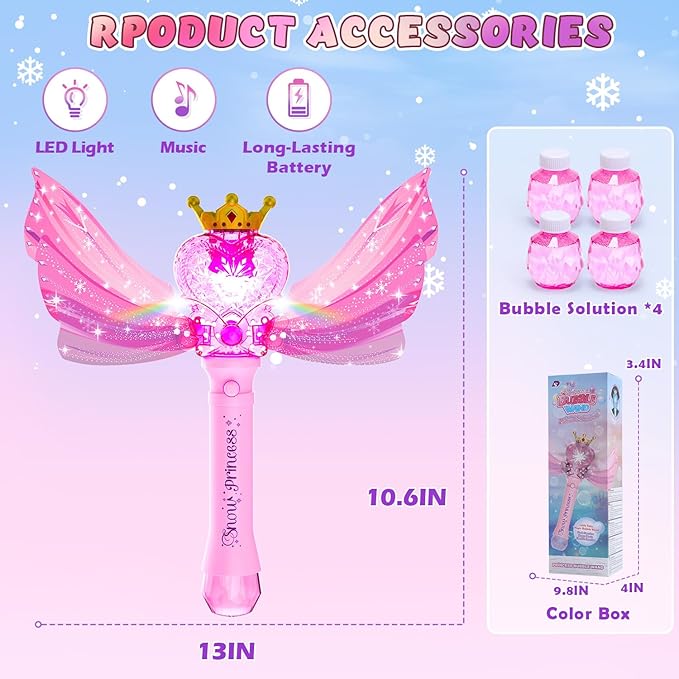 EagleStone Princess Bubble Wand for Kids Girls with LED Lights & Music, Fairy Bubble Machine Toy with 4 Bubble Solutions, Outdoor Bubble Toys for Toddlers Aged 3 4 5 6 7 8, Birthday Gift for Girls