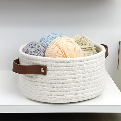 Small Woven Basket, Cute Mini Cotton Rope Storage Basket with leather handle, Tiny Decorative Round Storage Bin, Boho Empty Gift Baskets for Organizing, Toy Organizer for Nursery (Narrow handle)
