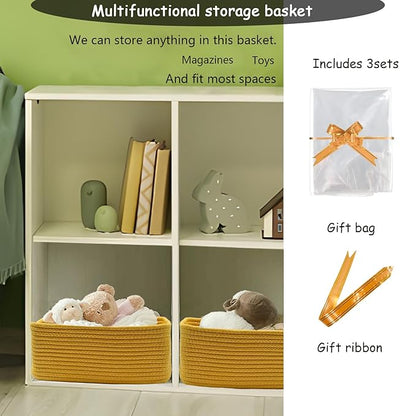 COMFY-HOMI 13" x 8.5" x 5.1" Storage Baskets for Organizing | Cotton Rope Woven Basket | Toy Storage Bin Box | Basket for Shelves, Closet Organizer Bin, Decorative Closet Shelf, 1 Pack, yellow