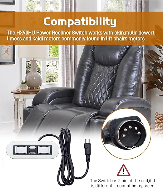 New Emomo HX90HU 5 Button 5 Pin Hand Control with USB for Lazy Boy Lift Chairs Power Recliner