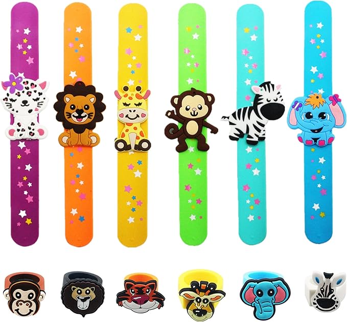 12PCS Forest Animal Theme Party Kids Slap Bracelets Silicone Wristbands and Rings