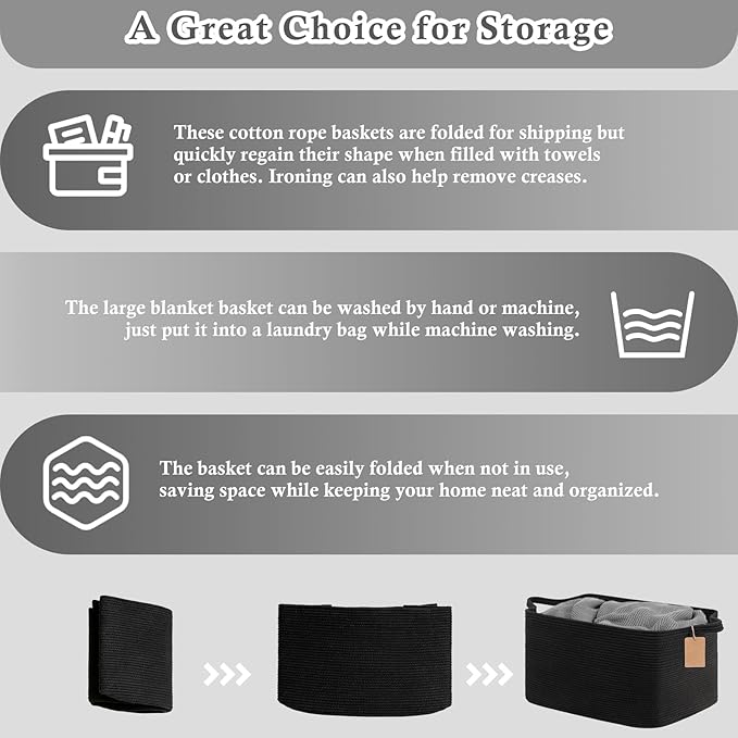 Goodpick Woven Storage Baskets for Organizing 22”x17”x12” Large Blanket Basket for Living Room Bedroom, Rectangle Nursery Baby Toy Storage Basket for Kids Boys, Black