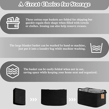 Goodpick Woven Storage Baskets for Organizing 22”x17”x12” Large Blanket Basket for Living Room Bedroom, Rectangle Nursery Baby Toy Storage Basket for Kids Boys, Black