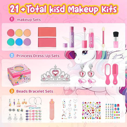 Kids Makeup Kit for Girls, Real Washable Cosmetic Set with Mirror, Jewelry Bracelet Making Kit for Kids Makeup Toy, Kids Makeup Sets for Girls 4 5 6 7 8 9 10 11 12 Years Old Kid (Pink)
