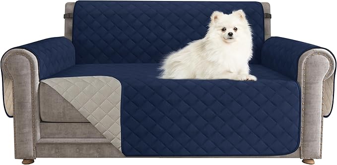 CHUN YI Loveseat Cover, Water Resistant Slipcover for 2 Cushion Couch, Reversible Washable Sofa Cover with Adjustable Strap Storage Pocket for Living Room Dog Pet (Loveseat, Navy-1)