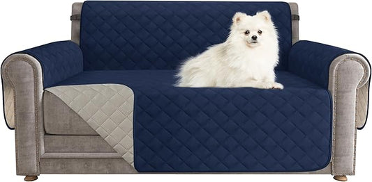CHUN YI Loveseat Cover, Water Resistant Slipcover for 2 Cushion Couch, Reversible Washable Sofa Cover with Adjustable Strap Storage Pocket for Living Room Dog Pet (Loveseat, Navy-1)