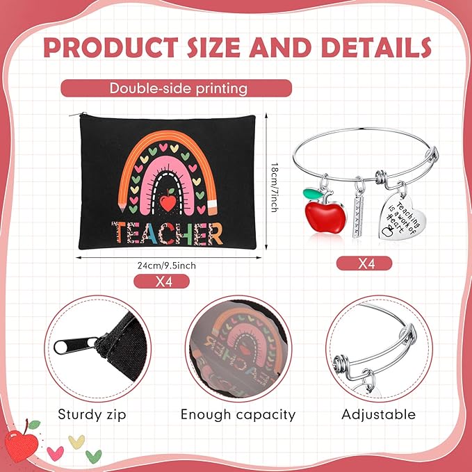 8 Pcs Teacher Appreciation Gift Set for Women, 4 Teacher Makeup Pouch Cosmetic Bags and 4 Bangle Bracelets, Christmas Valentines Thank You Gifts for Teacher (Rainbow Style)