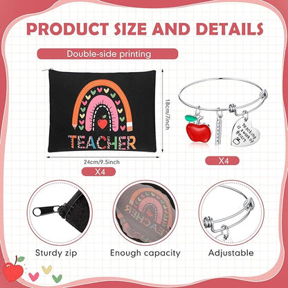 8 Pcs Teacher Appreciation Gift Set for Women, 4 Teacher Makeup Pouch Cosmetic Bags and 4 Bangle Bracelets, Christmas Valentines Thank You Gifts for Teacher (Rainbow Style)