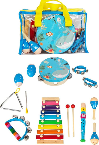 Wooden Musical Instruments Set for Toddlers 1-3, Natural Wood Percussion Instruments Xylophone Gift Set for Girls Boys Kids ,Preschool Educational Musical Toys with Storage Bag