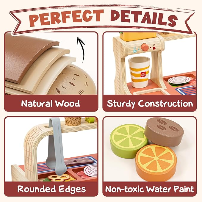 Lehoo Castle Wooden Play Food Sets, Toy Food for Kids Ages 4-8, Play Food Sets for Kids Kitchen, Play Hamburger Counter Shop, Fake Food Pretend Play for Toddlers 3-5