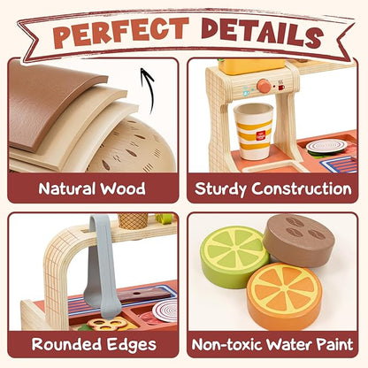 Lehoo Castle Wooden Play Food Sets, Toy Food for Kids Ages 4-8, Play Food Sets for Kids Kitchen, Play Hamburger Counter Shop, Fake Food Pretend Play for Toddlers 3-5