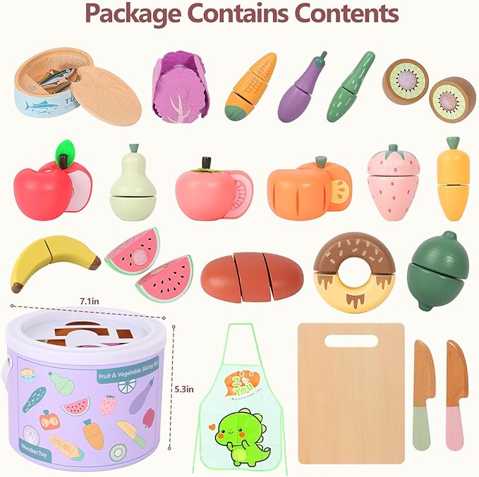 WHOHOLL Play Food Set for Play Kitchen Accessories, Wooden Toys Food Pretend Cutting Food with Apron, Montessori Toys for 1+ Years Old Girls Boys Eye-Protection Learning Resources