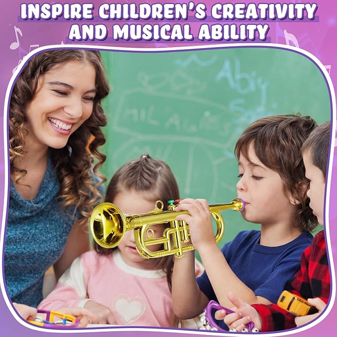 Lewtemi Gold Three-Valve Trumpet Musical Instruments Toy for Kid Toddler Fake Plastic Preschool Music Toy Gift Portable Wind Instrument Early Educational Teaching Songs Gifts for Toddlers Children
