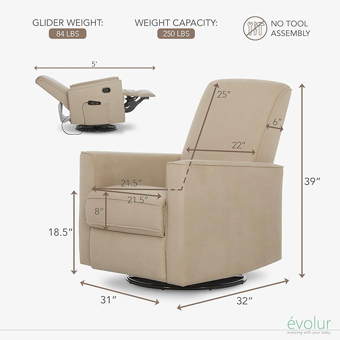 Evolur Raleigh Glider with Massager in Charcoal, Upholstered Plush Seating 360° Swivel Glider Rocking Chair, FSC Certified, Greenguard Gold & JPMA Certified Nursery Glider Recliner