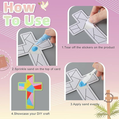 24 Sets Religious Sand Art Craft Kit for Kids Christian Crosses Fish Painting Kit with Colored Sand Brushes Create Your Own First Communion Sand Art for Sunday School Fun Home Activities