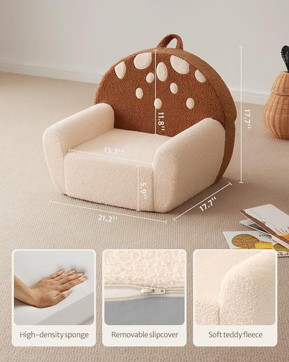 Blissful Diary Toddler Chair Comfy, Foam Kids Chair with Soft Teddy Plush, Toddler Reading Armchair with Cute Mushroom Designs- Brown