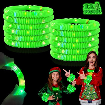 12 PCS LED Light up Pop Tubes for Toddlers, Green Glow Sticks St Patricks Day Party Favors for Kids, Neon Necklaces Bracelets Accessories, Glow Birthday Dance Wedding Mardi Gras Party Supplies