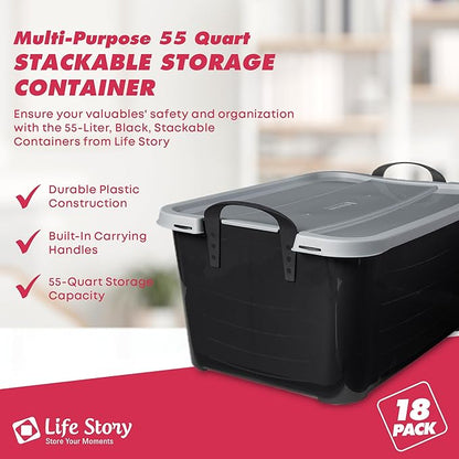 Life Story 18 Pack Heavy Duty Stackable Storage Bin, 55 Quart Home Organizer, Versatile Lightweight Locking Bins with Carrying Handles, Black/Gray
