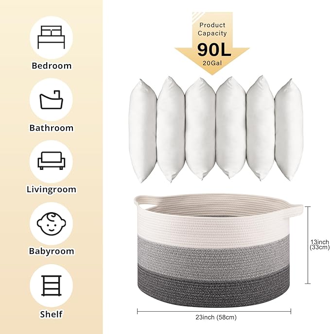 OIAHOMY 90L Blanket Basket for Living Room, Large Basket 23" x 23" x 13" with Handle, Laundry Hamper for Blankets, Pillows, Toy Storage for Kids, Dogs - Gradient Grey