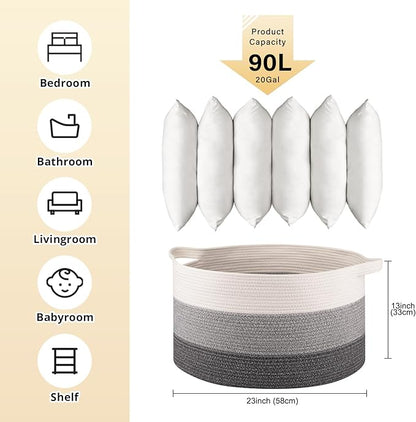 OIAHOMY 90L Blanket Basket for Living Room, Large Basket 23" x 23" x 13" with Handle, Laundry Hamper for Blankets, Pillows, Toy Storage for Kids, Dogs - Gradient Grey