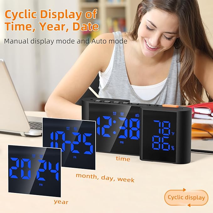 Alarm Clock Radio, Digital Alarm Clock for Bedrooms with USB Port, Large LED Display with Brightness Dimmer, Bedside FM Radio with Sleeper Timer, Temperature, Adjustable Volume, Snooze