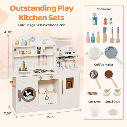 JOYMOR Kids Play Kitchen Sets w/Coffee Machine & Plenty of Play Kitchen Accessories, Wooden Kitchen Set Gift, Ideal for Creative Pretend Play for Toddlers, Girls & Boys (Cream&Gold)