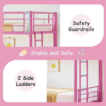 VECELO Twin Over Twin Bunk Bed with Built-in Ladder and Safety Guardrail, Heavy Duty Metal Bunkbeds, Space Saving, No Box Spring, Pink