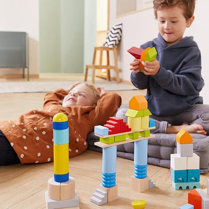 HABA Colored Wooden Building Blocks- Set of 85 Piece Set of Wooden Toys, Stacking Toys for Toddlers 1-3 Ideal Open Ended Toys (Made in Germany)